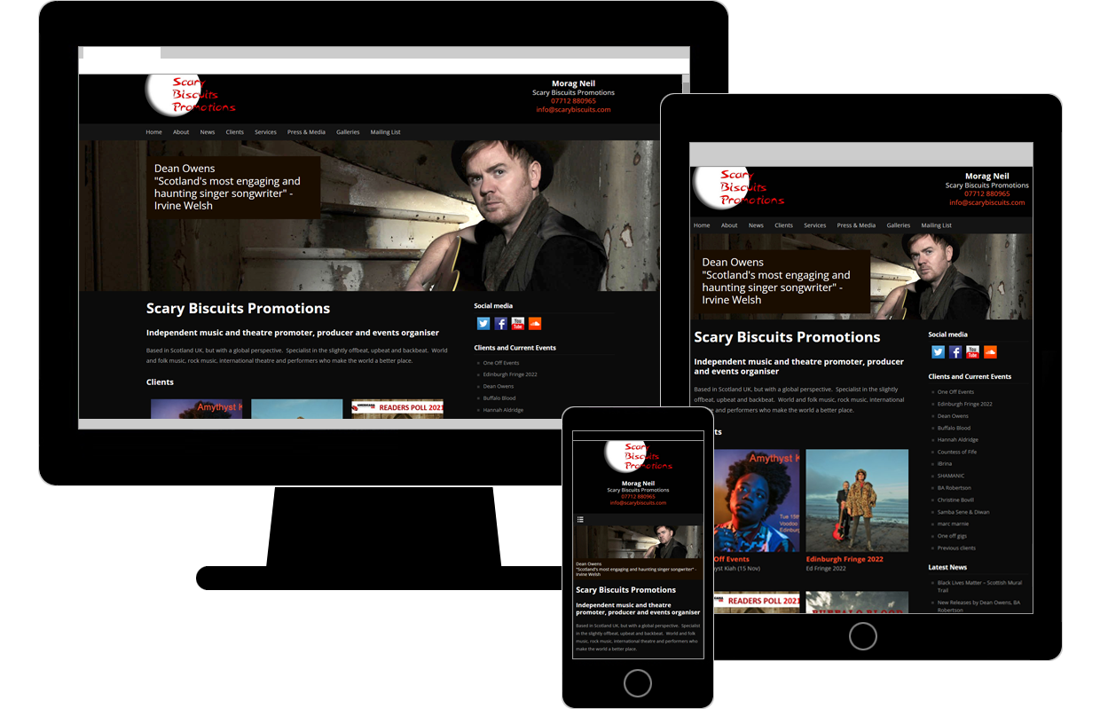 The Scary Biscuits Promotions website on several devices.